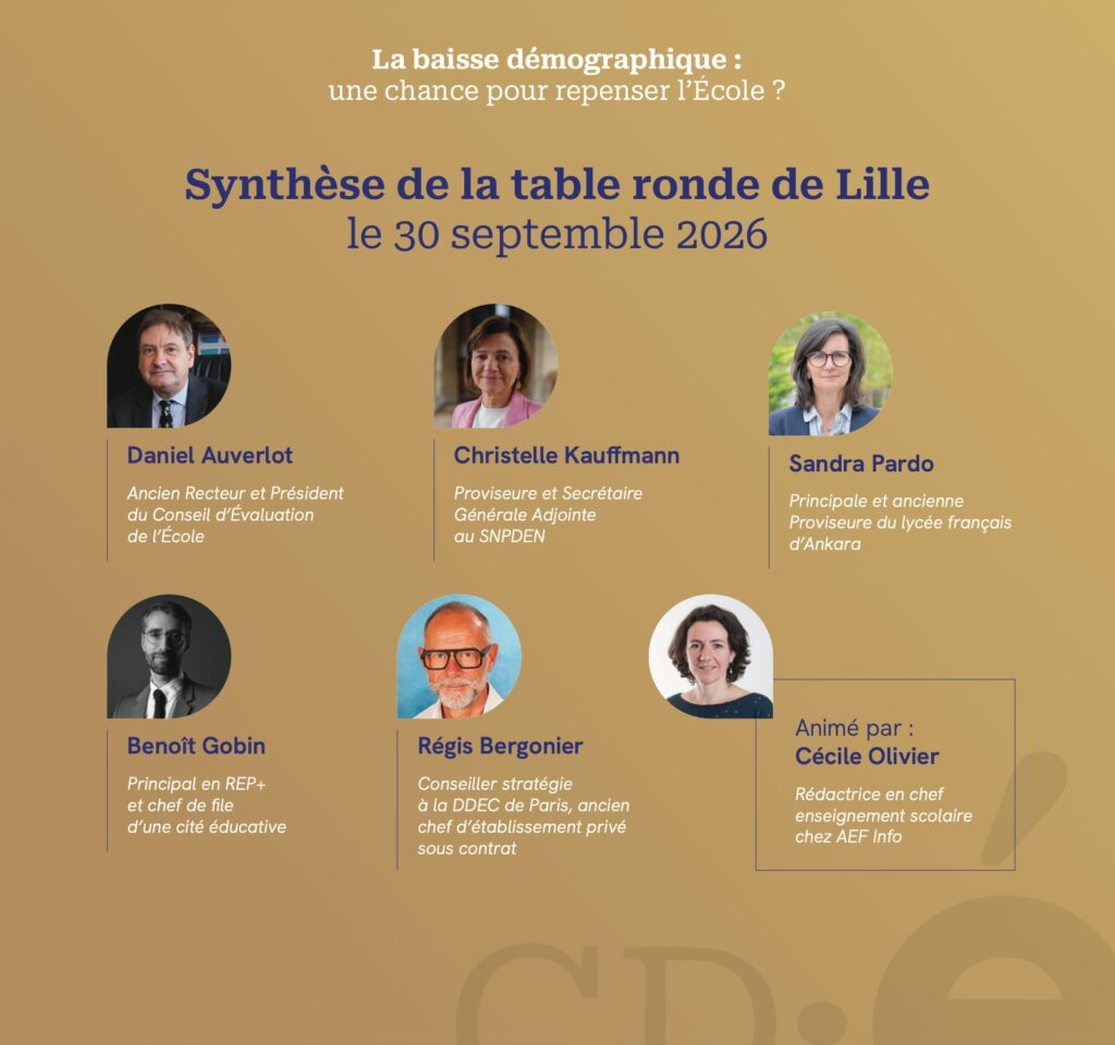 Accueil 7 Synthèse de la table ronde du CDE à Lille, le 30 septembre 2026 : la baisse démographique, une chance pour repenser l’École ? Avec Daniel Auverlot, Christelle Kauffmann, Sandra Pardo, Benoît Gobin et Régis Bergonier, animée par Cécile Olivier (AEF Info)